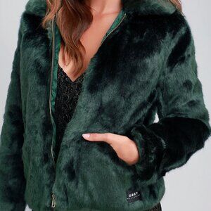 Obey Kale Green Lined Large Faux Fur Bomber Jacket Coat Pockets Zipper NWT